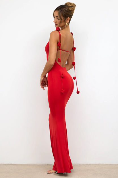 Slinky Jersey Rose Detail Evening Gown in Scarlet Red