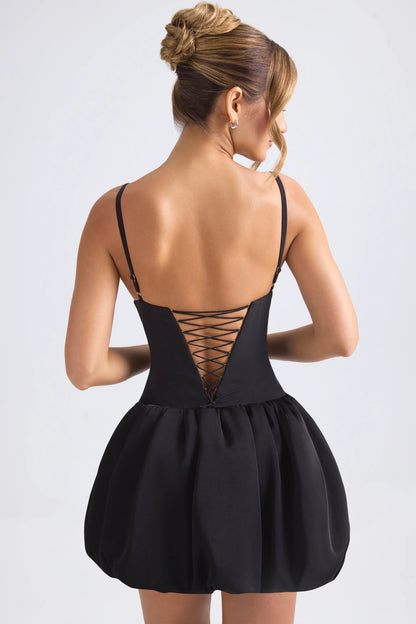 Lace-Up Bubble Hem Corset Micro Mini Dress in Black