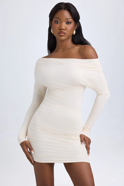 Modal Off-Shoulder Ruched Mini Dress in Ivory