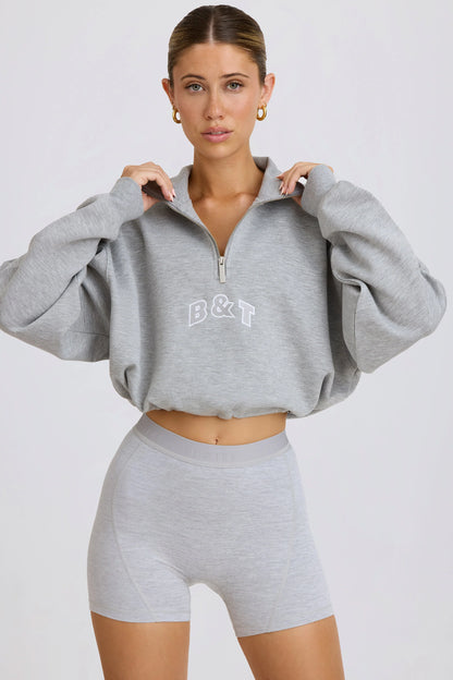 Quarter-Zip Cropped Sweatshirt in Grey Marl