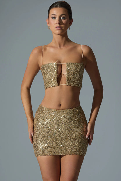 Embellished Mid-Rise Mini Skirt in Gold