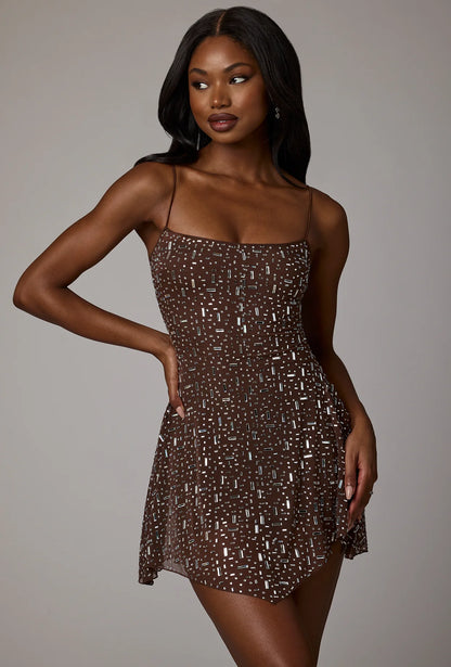 Sheer Embellished Scoop Neck Mini Dress in Deep Cocoa