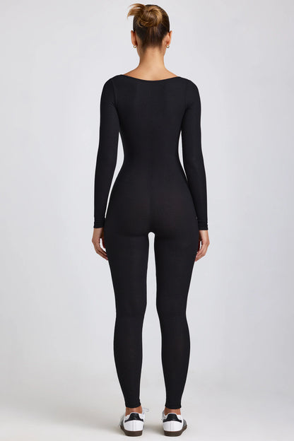 Ribbed Modal Long Sleeve Jumpsuit in Black