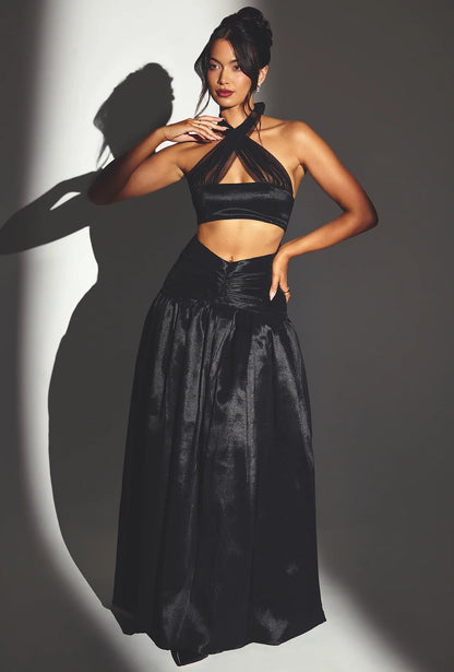 Woven Twill Voluminous Maxi Skirt in Jet Black