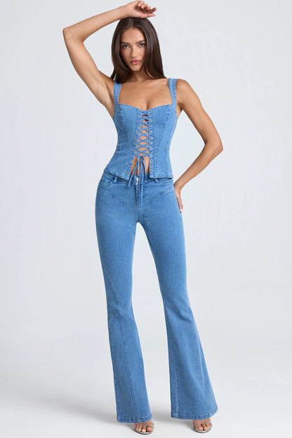 Petite Mid-Rise Flared Jeans in Mid Blue Stonewash