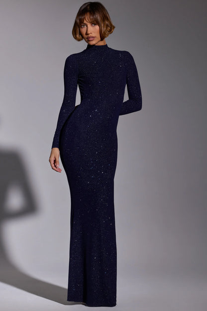 Embellished Long Sleeve Evening Gown in Royal Indigo