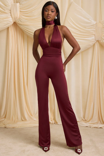 Scarf-Detail Halterneck Jumpsuit in Wine Red