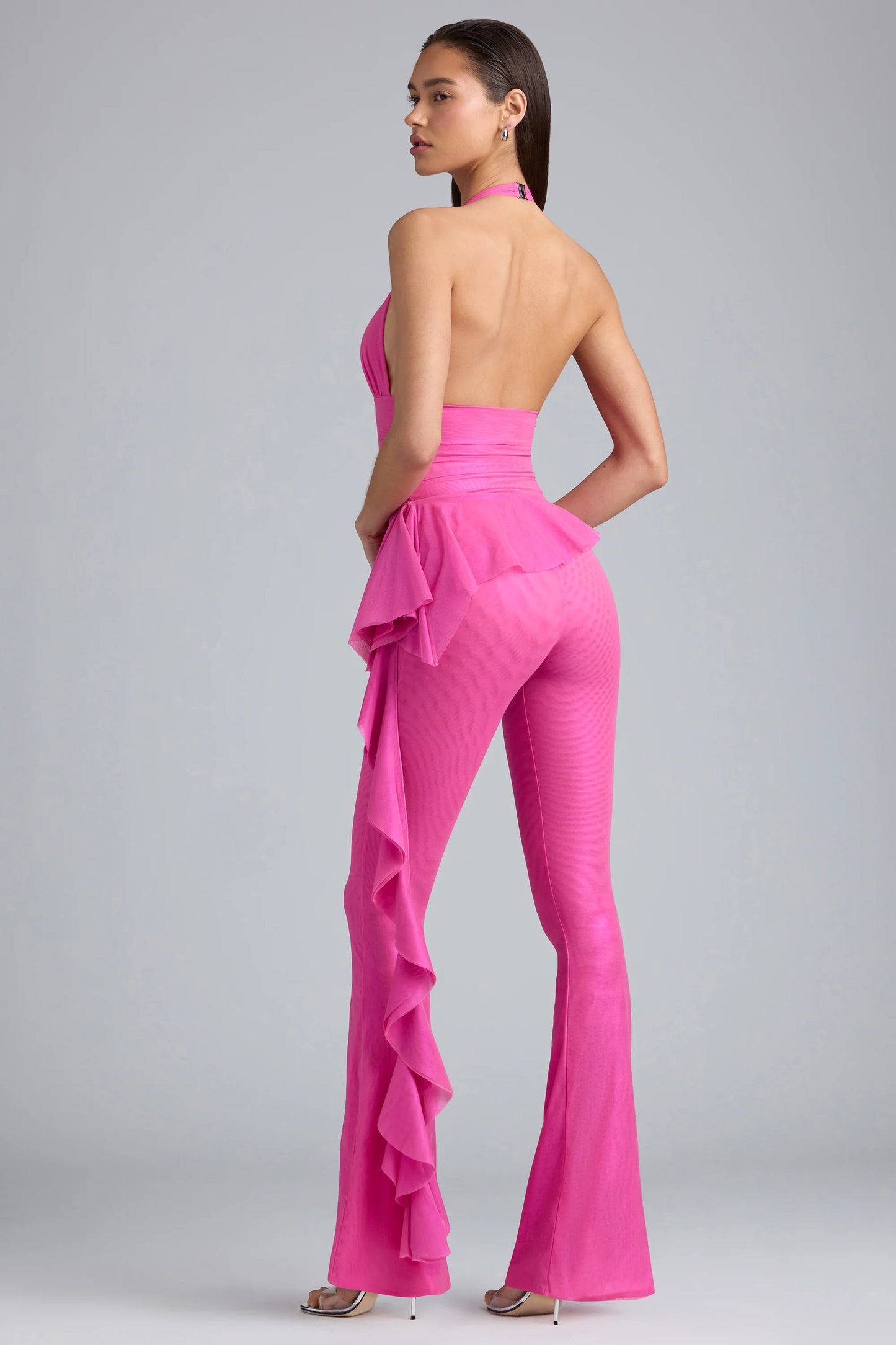 Metallic Ruffle Low-Rise Flared Trousers in Bubblegum Pink