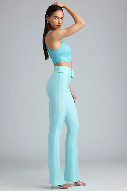 Petite Metallic Belted Mid-Rise Flared Trousers in Ice Blue