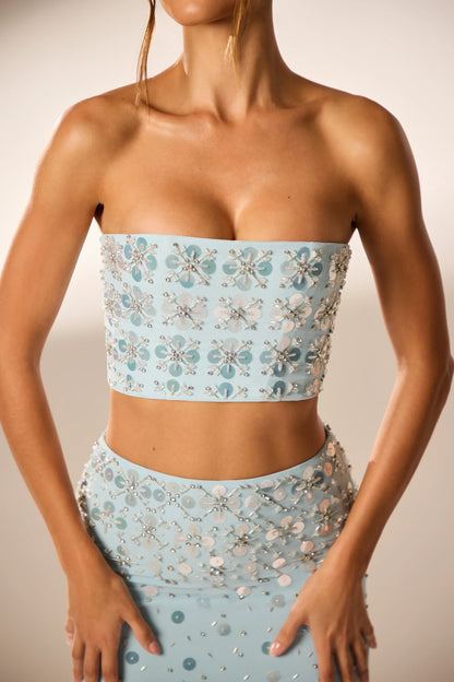 Hand Embellished Bandeau Corset Crop Top in Blue