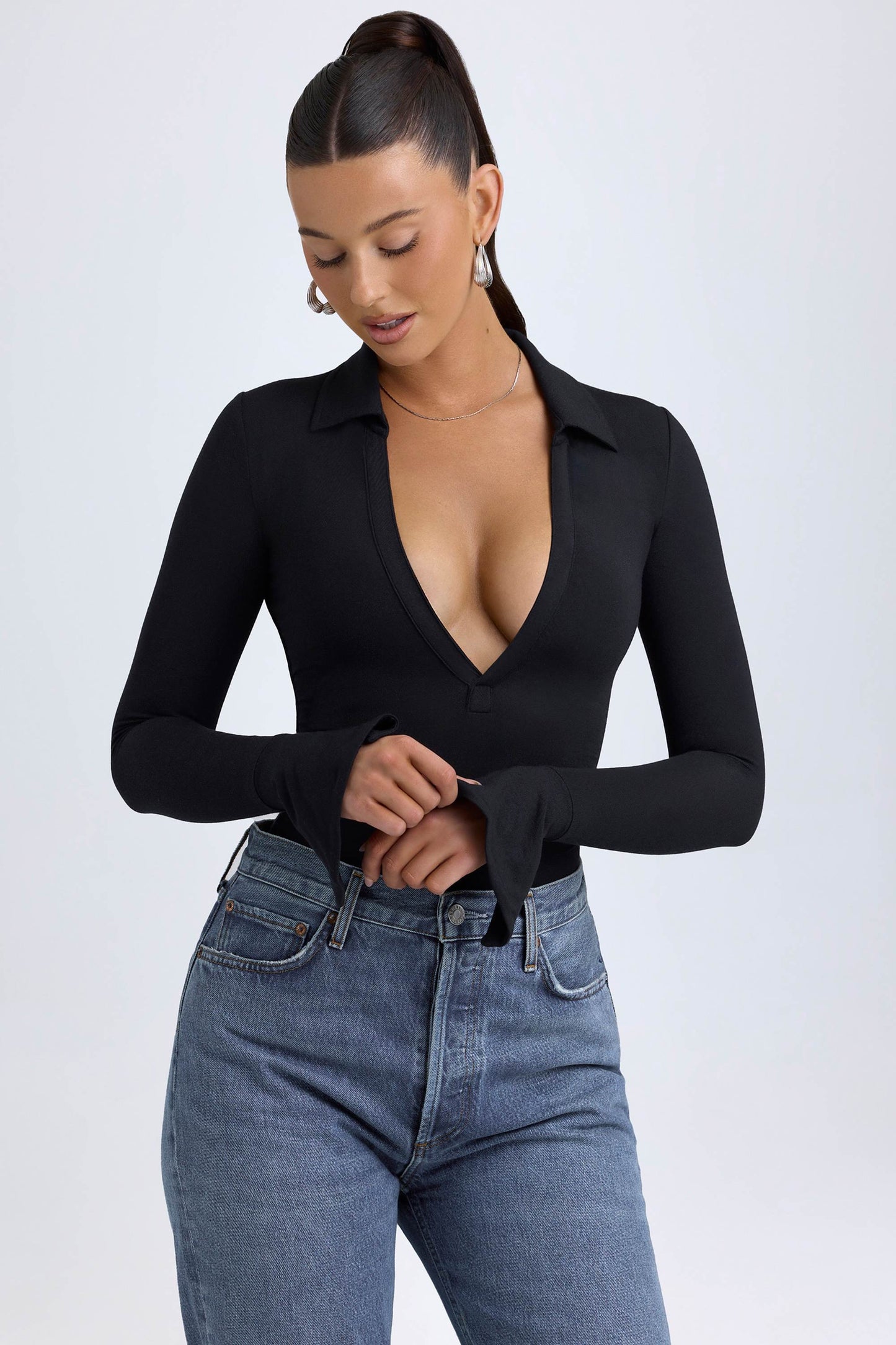 Modal Plunge V-Neck Bodysuit in Black