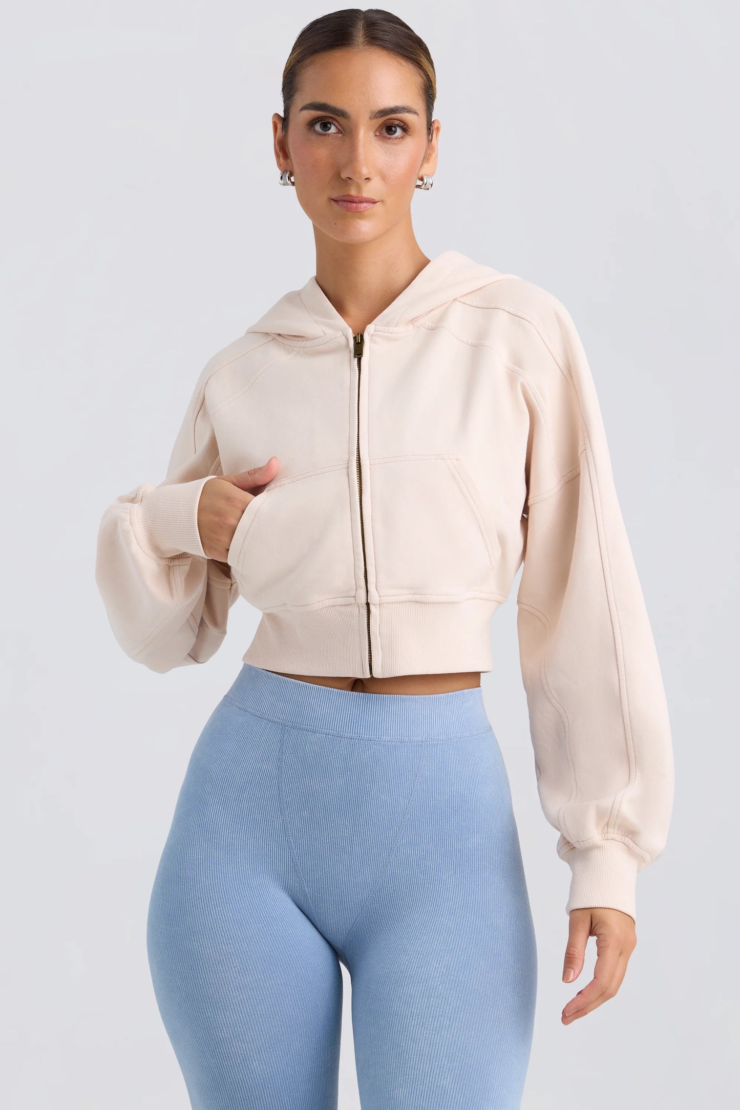 Zip-Up Cropped Hoodie in Washed Cream