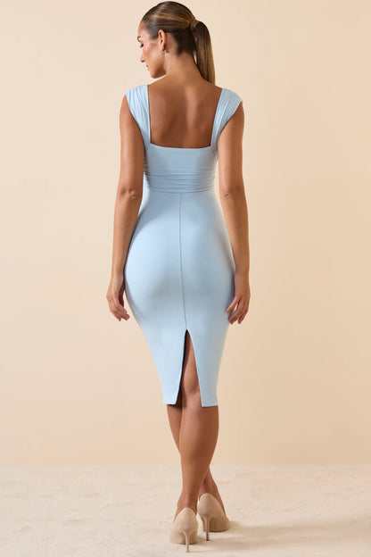 Modal Ruched Plunge Midi Dress in Ice Blue