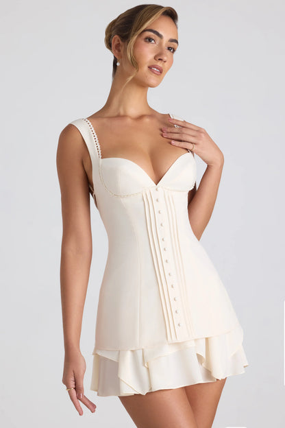 Ruffle-Trim Button-Detail Corset Mini Dress in Ivory