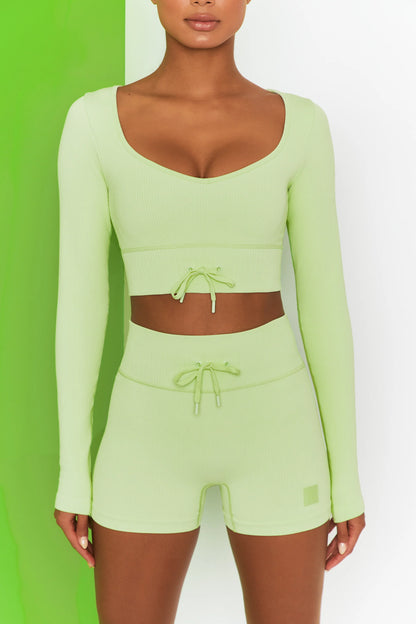 Time Check Ribbed Long Sleeve Crop Top in Lime