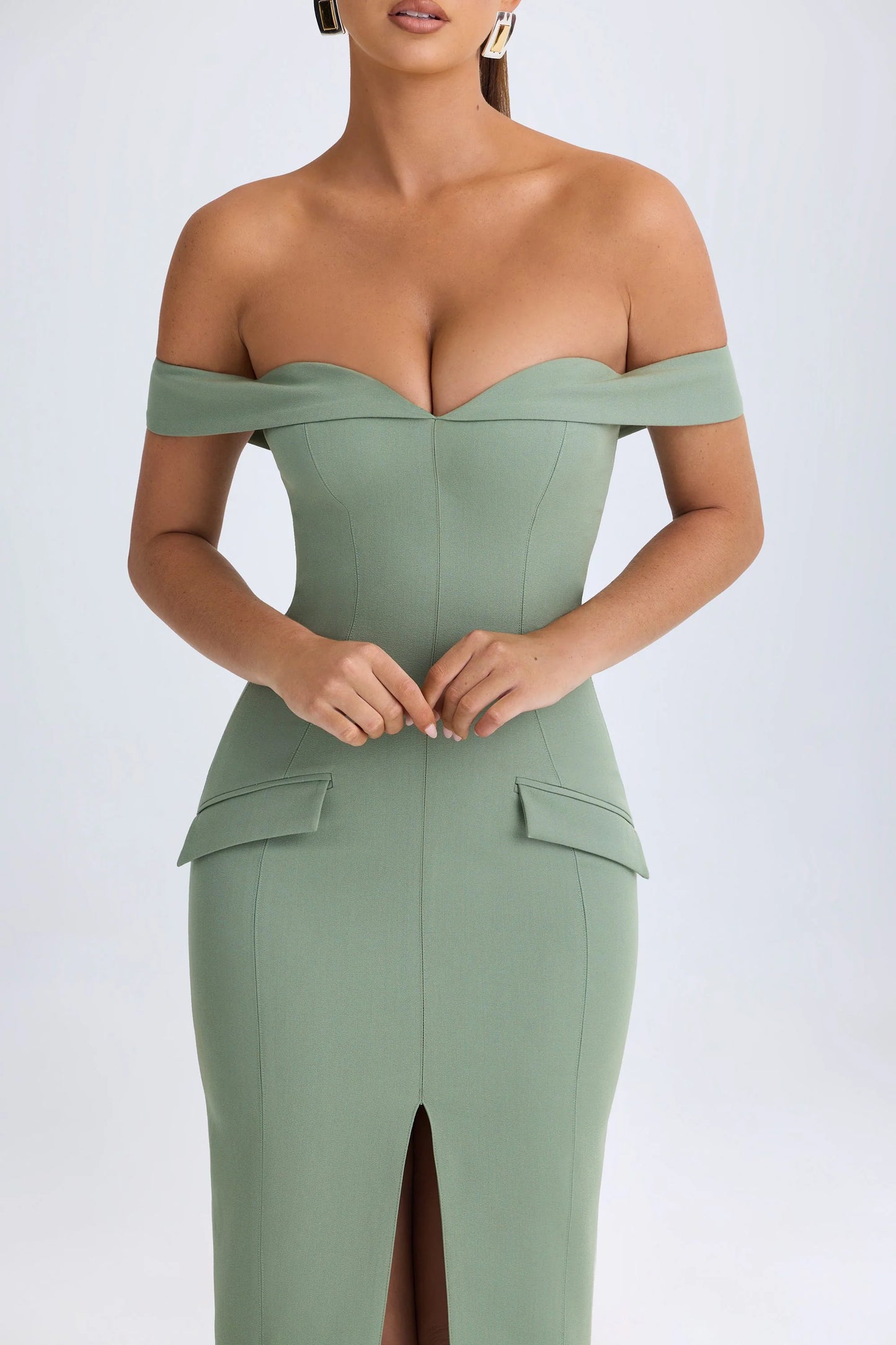 Off-Shoulder Midaxi Dress in Khaki Green