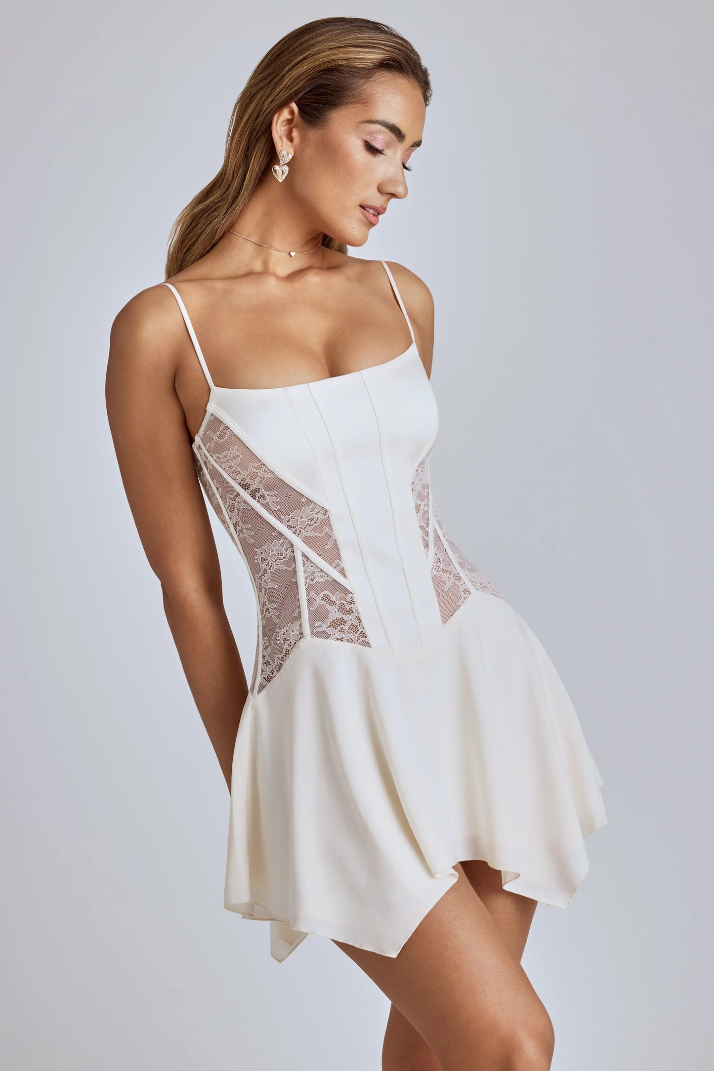 Lace Handkerchief Hem Mini Dress in Ivory