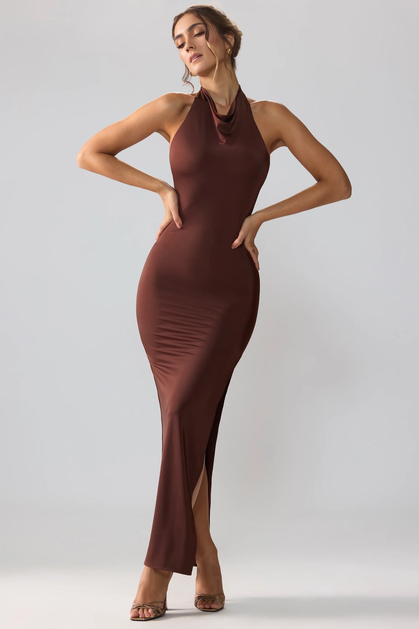 Premium Jersey Cowl Neck Backless Maxi Dress in Espresso