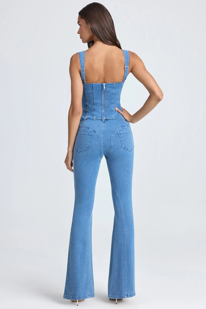 Petite Mid-Rise Flared Jeans in Mid Blue Stonewash