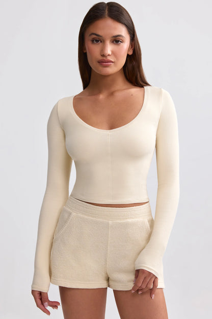 Ribbed Modal V-Neck Crop Top in Cream