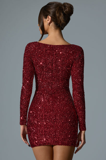 Embellished Sweetheart-Neck Mini Dress in Red