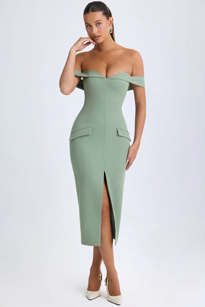 Off-Shoulder Midaxi Dress in Khaki Green