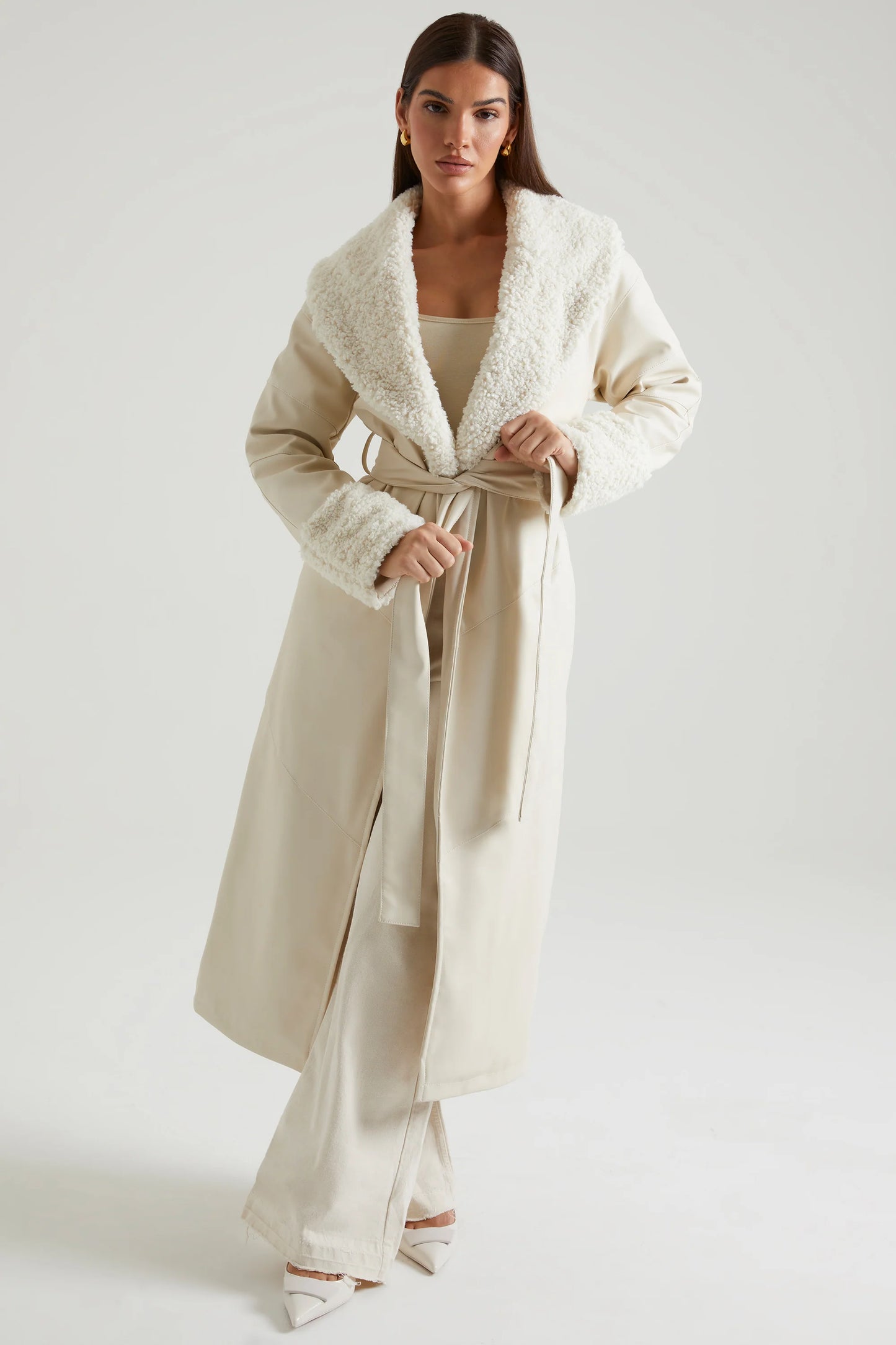 Tie Up Coat with Shearling Collar and Cuffs in Cream