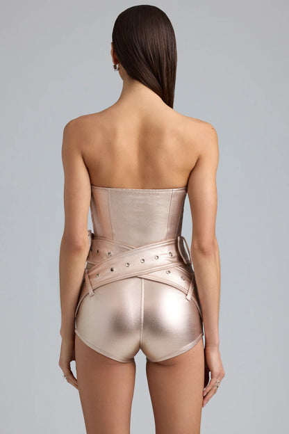 Metallic Denim Belted Corset Playsuit in Champagne