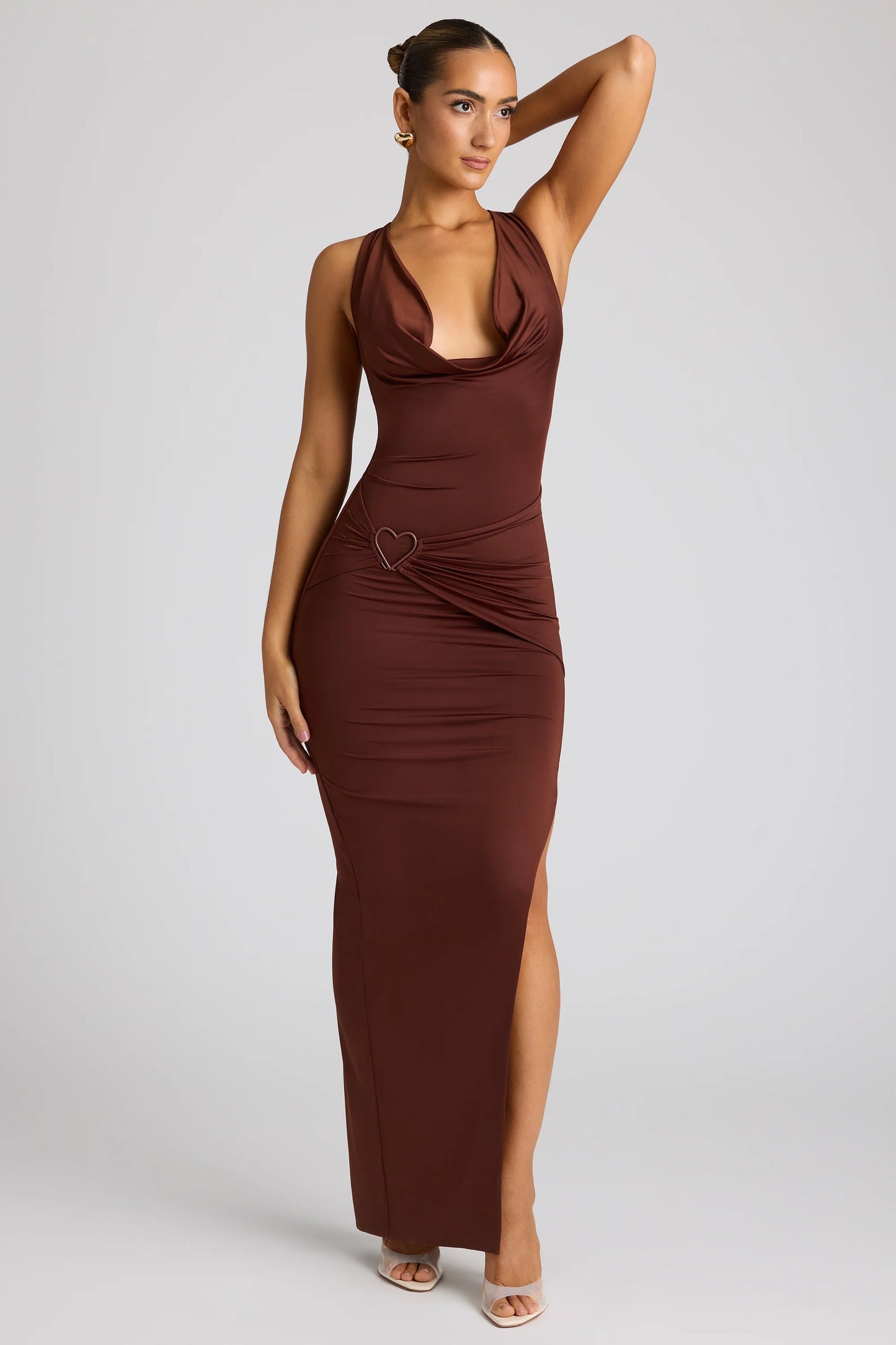 Multiwear Cowl Neck Wrap Over Evening Gown in Chocolate Brown