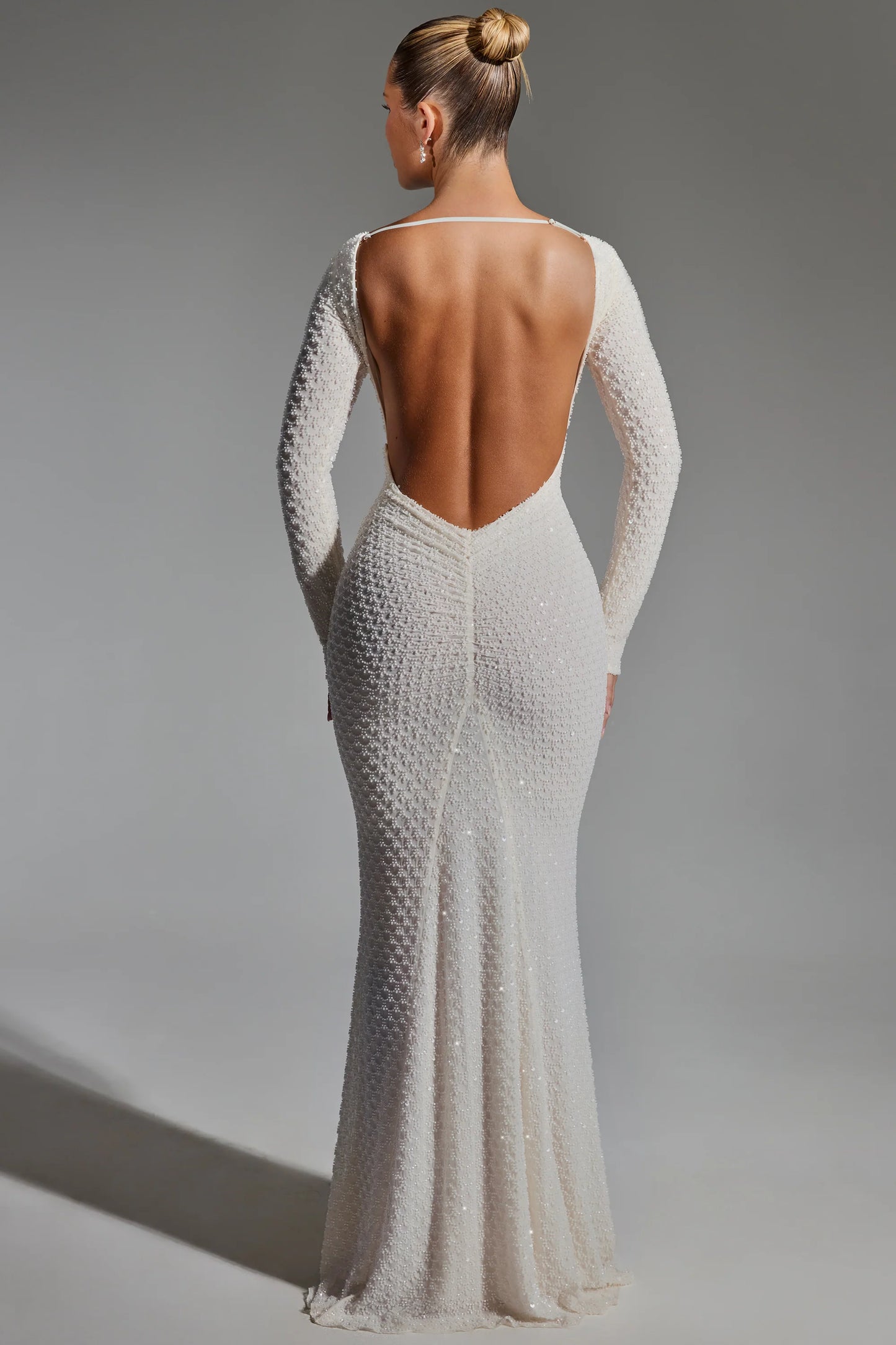 Embellished Open-Back Gown in White