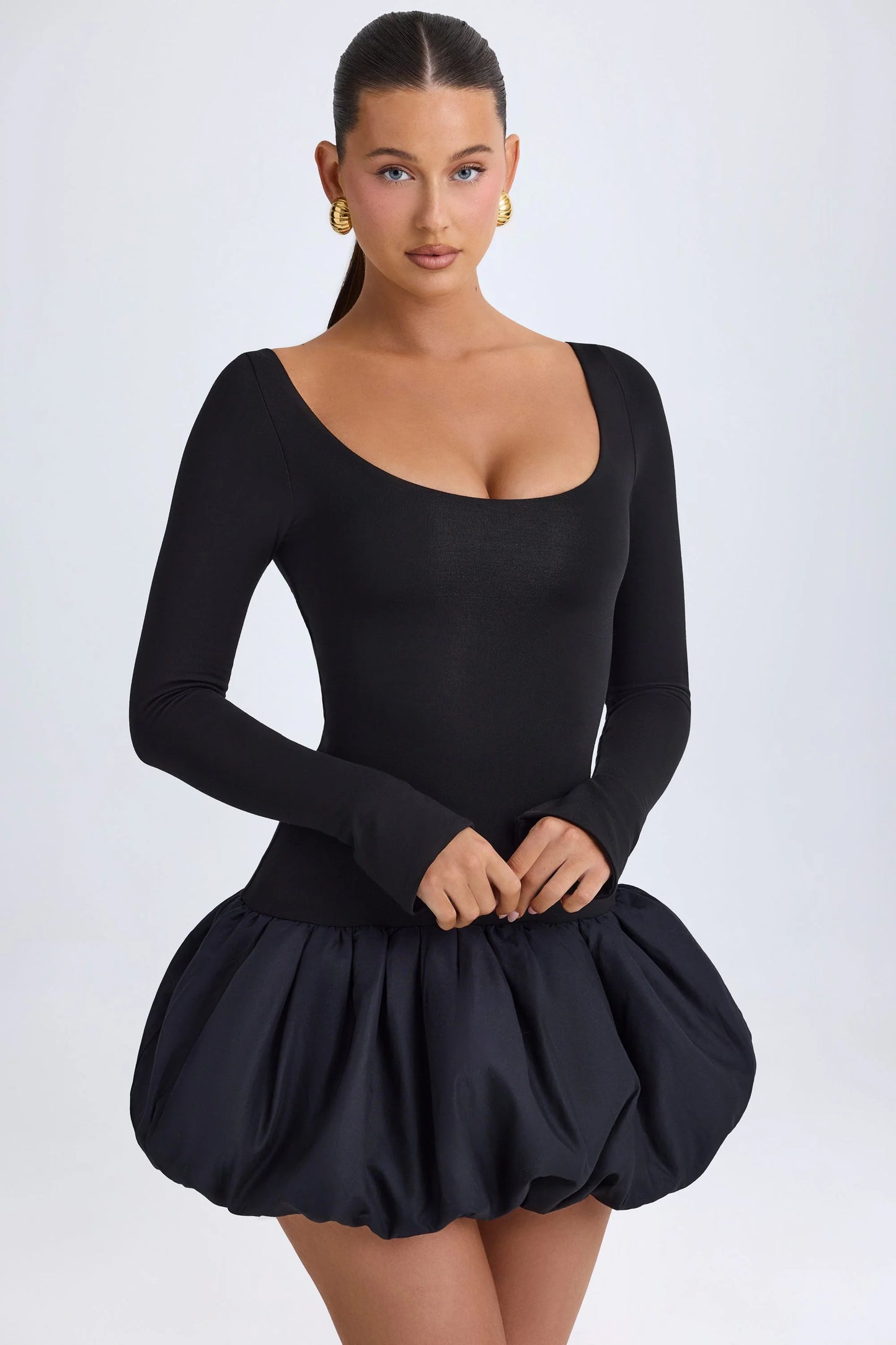 Scoop-Neck Drop-Waist Bubble Hem Mini Dress in Black