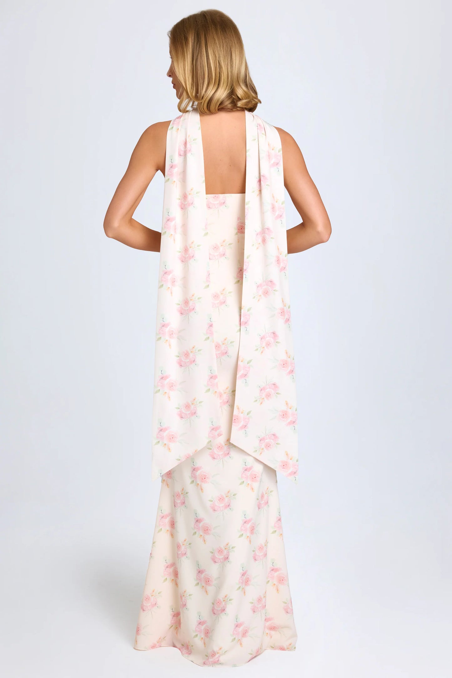 Scarf-Detail Strapless Gown in Large Rose Print