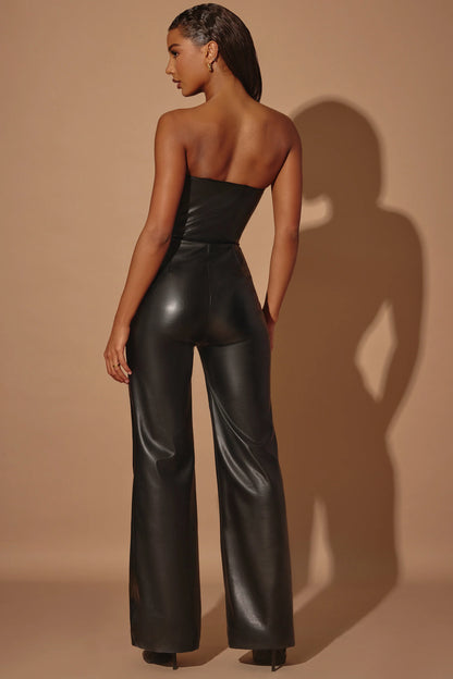 Petite Strapless Wide Leg Vegan Leather Jumpsuit in Black