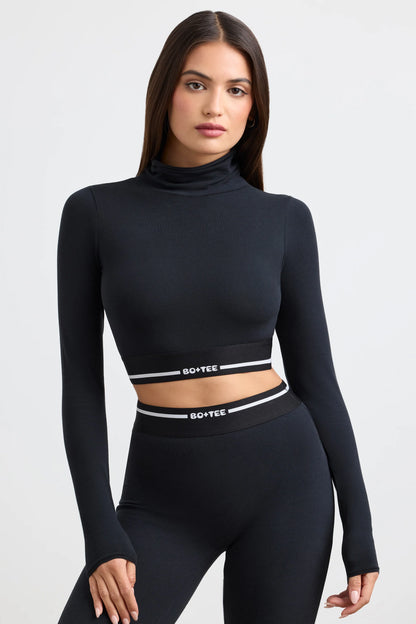 Turtleneck Backless Long-Sleeve Crop Top in Black