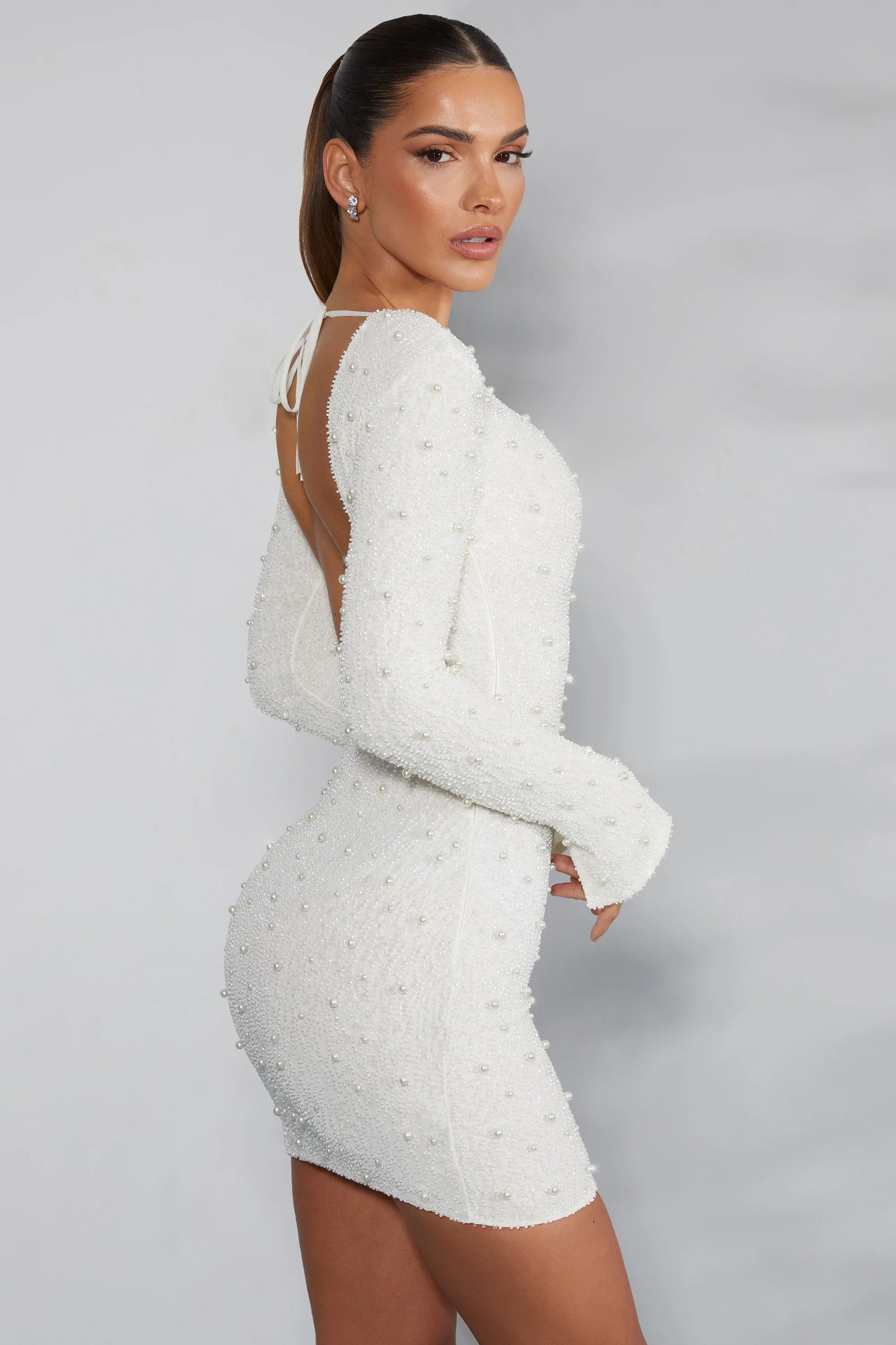 Long Sleeve Embellished Backless Mini Dress in Ivory