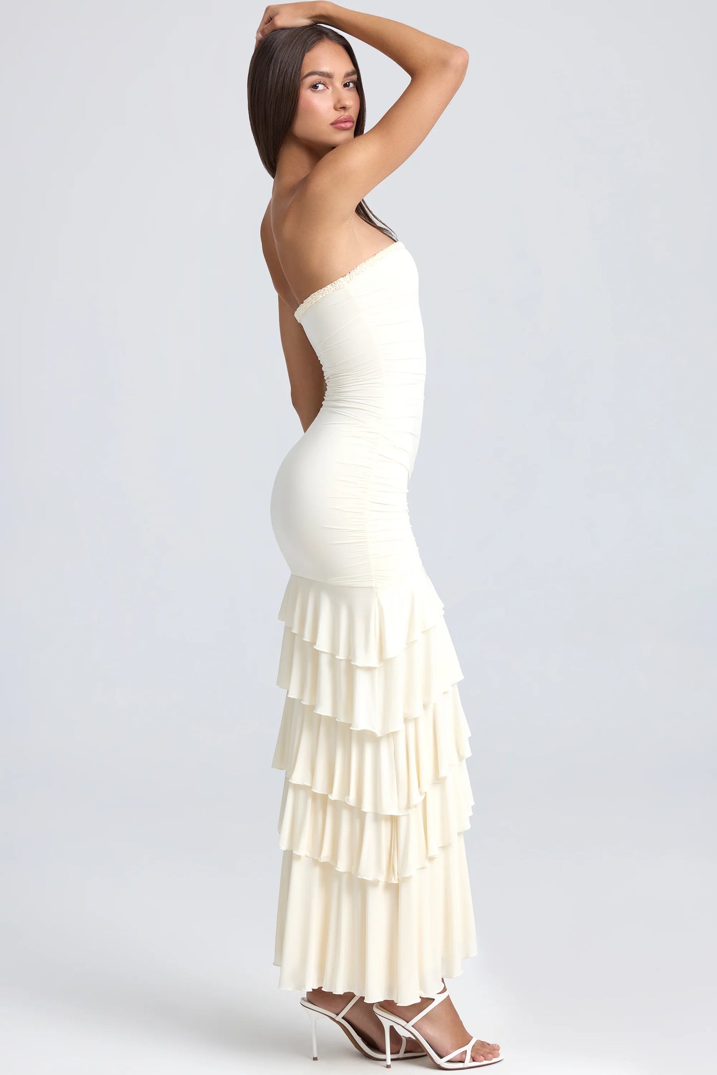 Bandeau Ruched Ruffle-Trim Maxi Dress in Ivory