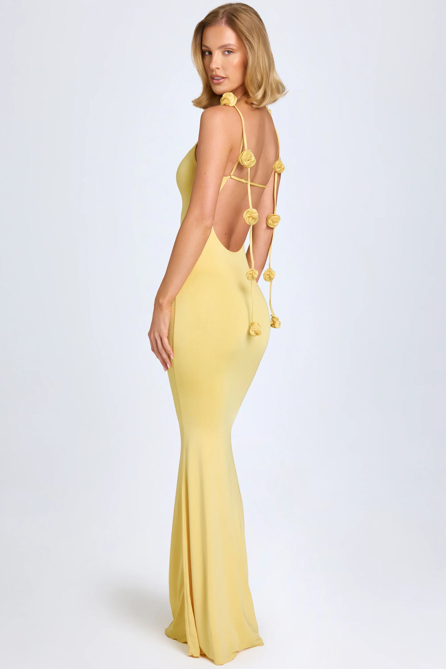 Slinky Jersey Floral-Appliqué Gown in Pastel Yellow