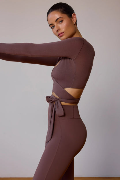 Long-Sleeve Wrap Crop Top in Taupe Brown