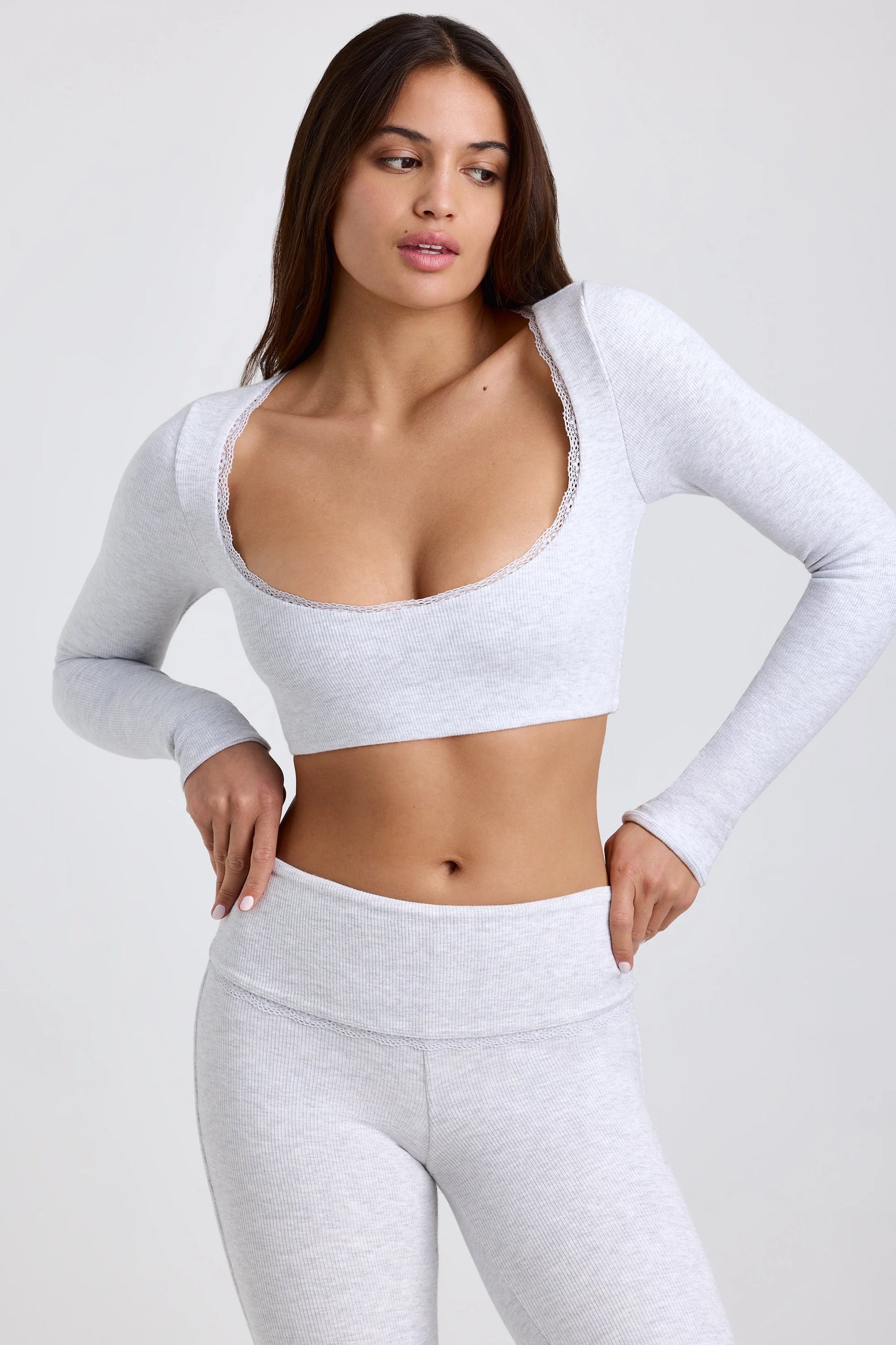 Ribbed Modal Lace-Trim Crop Top in Grey