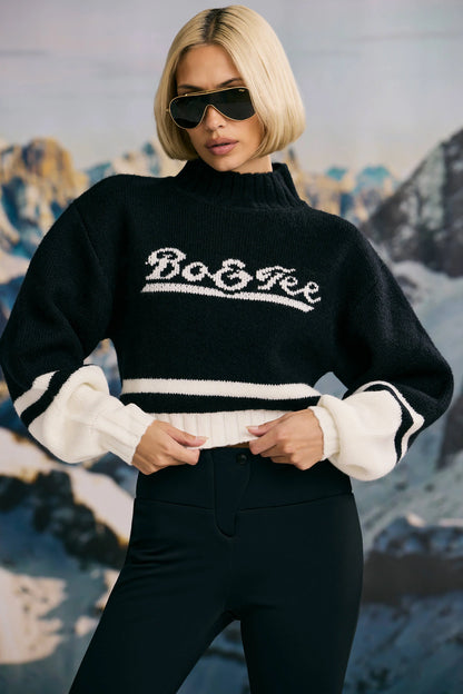 Cropped Chunky-Knit Turtleneck Jumper in Black