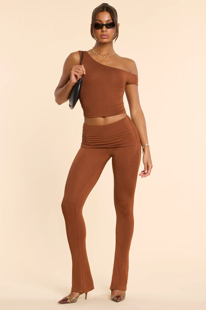 Petite Mid Rise Modal Cashmere Blend Trousers in Chestnut Brown