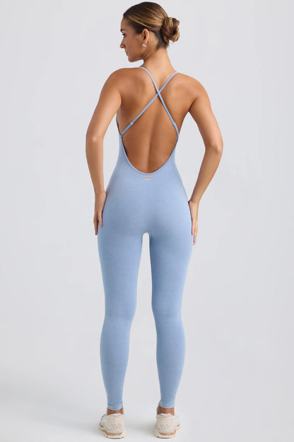 Cross-Back Jumpsuit in Washed Blue