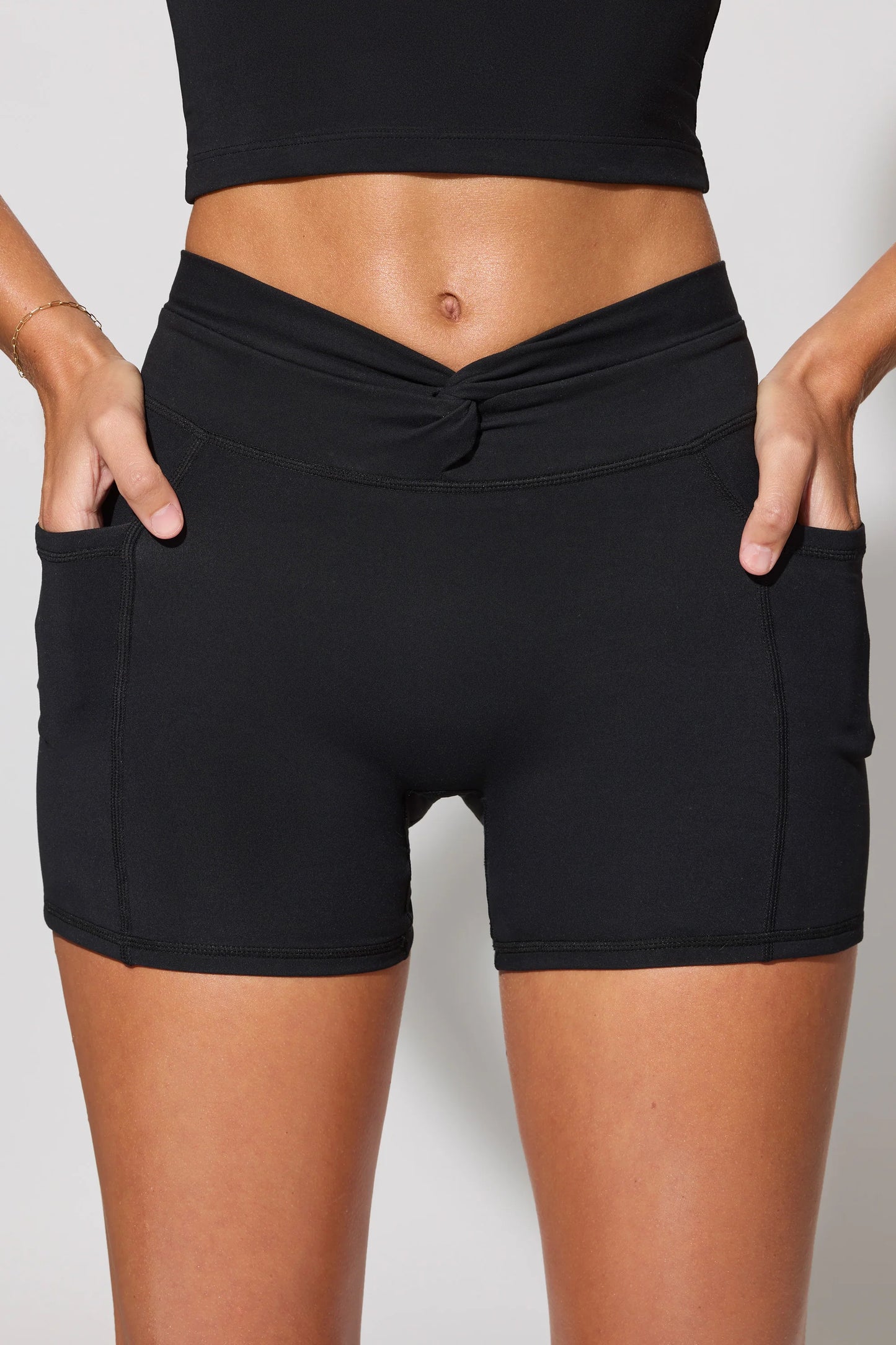 Twist Waist Mini Shorts with Pockets in  Black