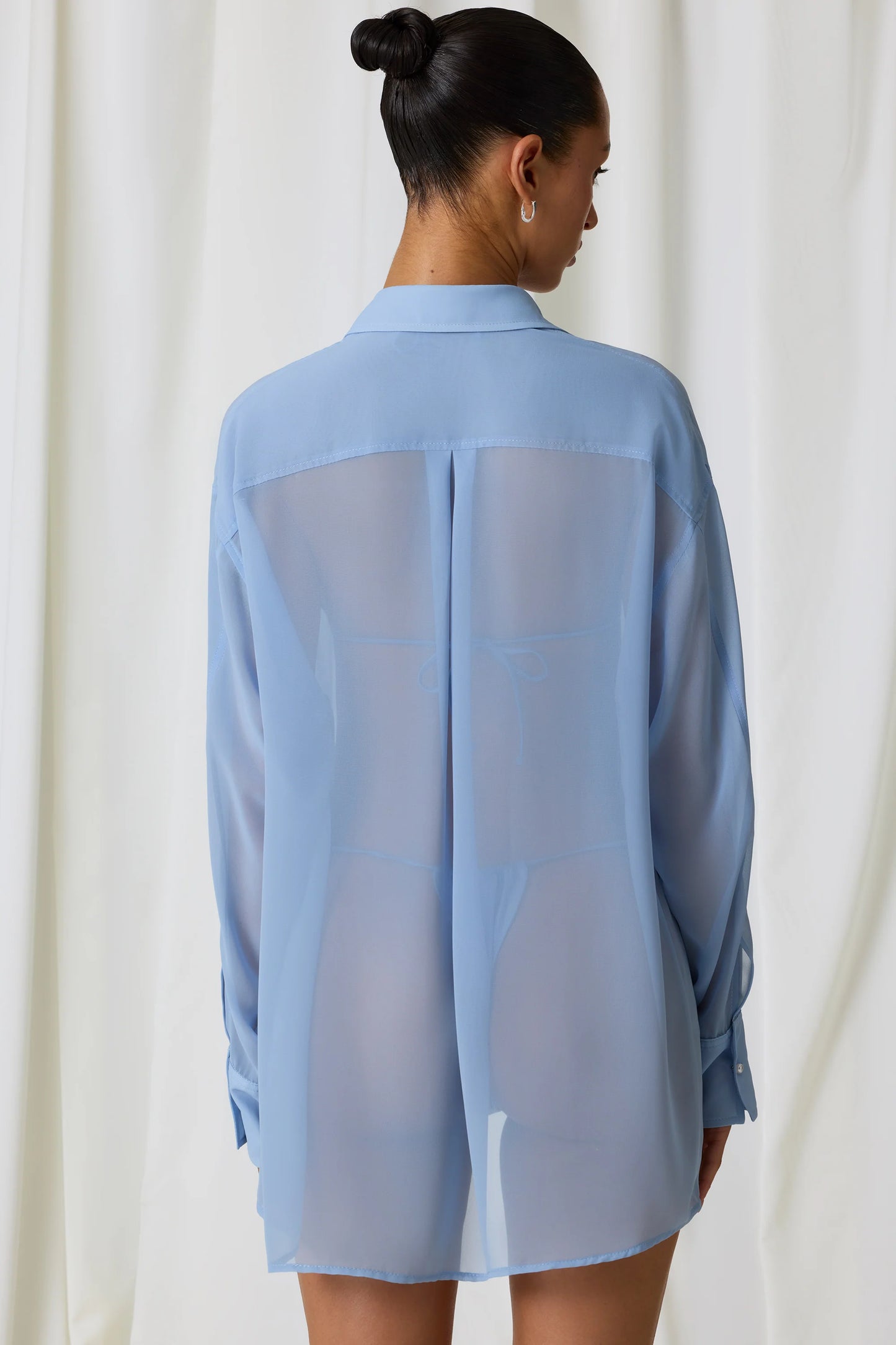 Pearl-Detail Oversized Shirt in Sky Blue