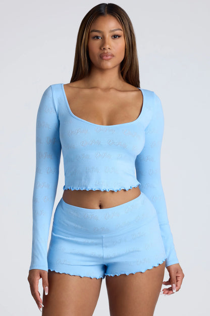 Long Sleeve Scoop Neck Pointelle Crop Top in Baby Blue