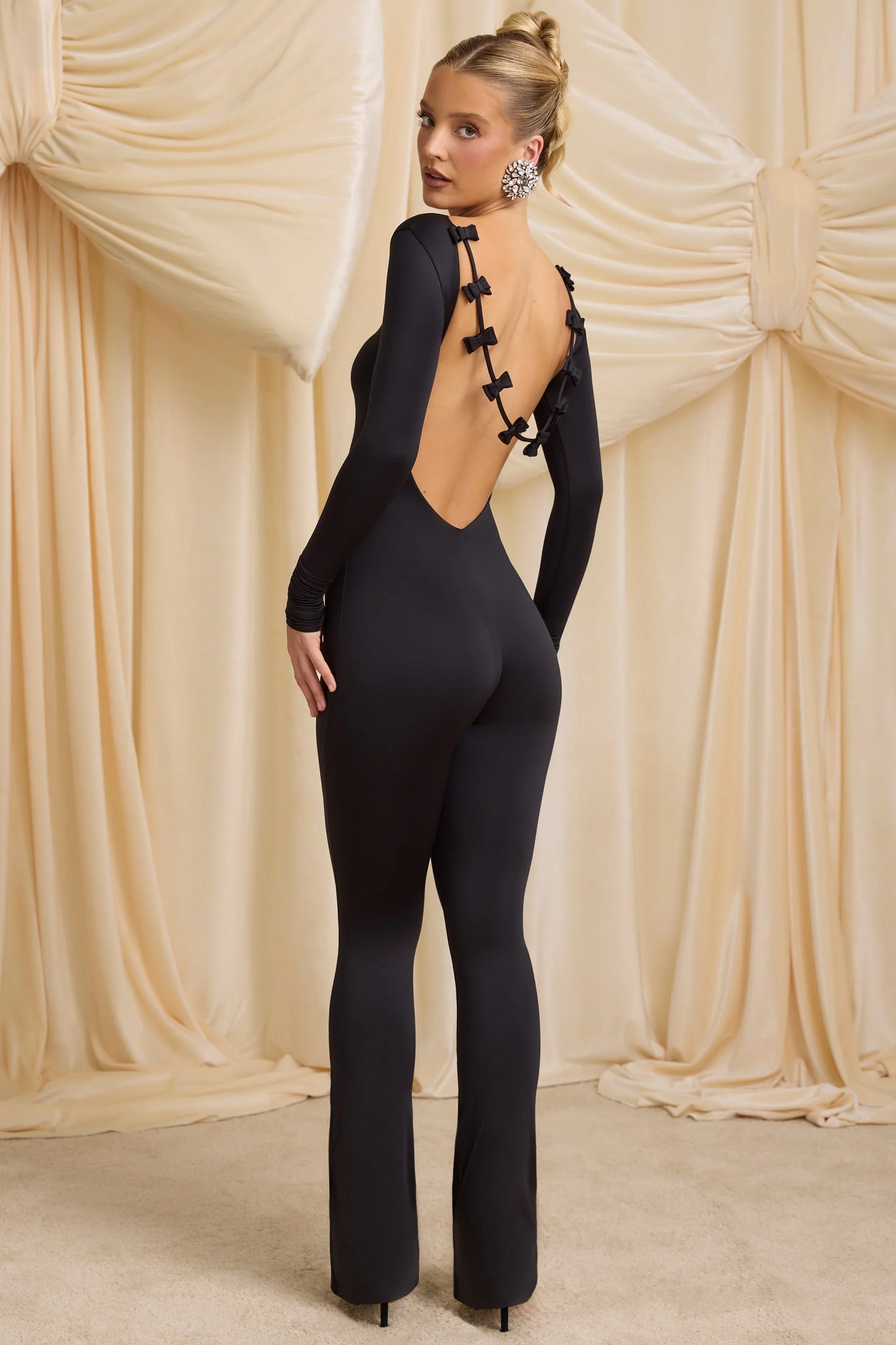 Petite Slinky Jersey Bow-Detail Jumpsuit in Black