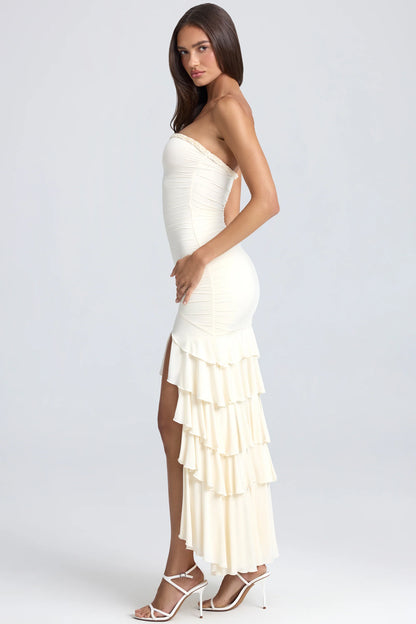 Bandeau Ruched Ruffle-Trim Maxi Dress in Ivory