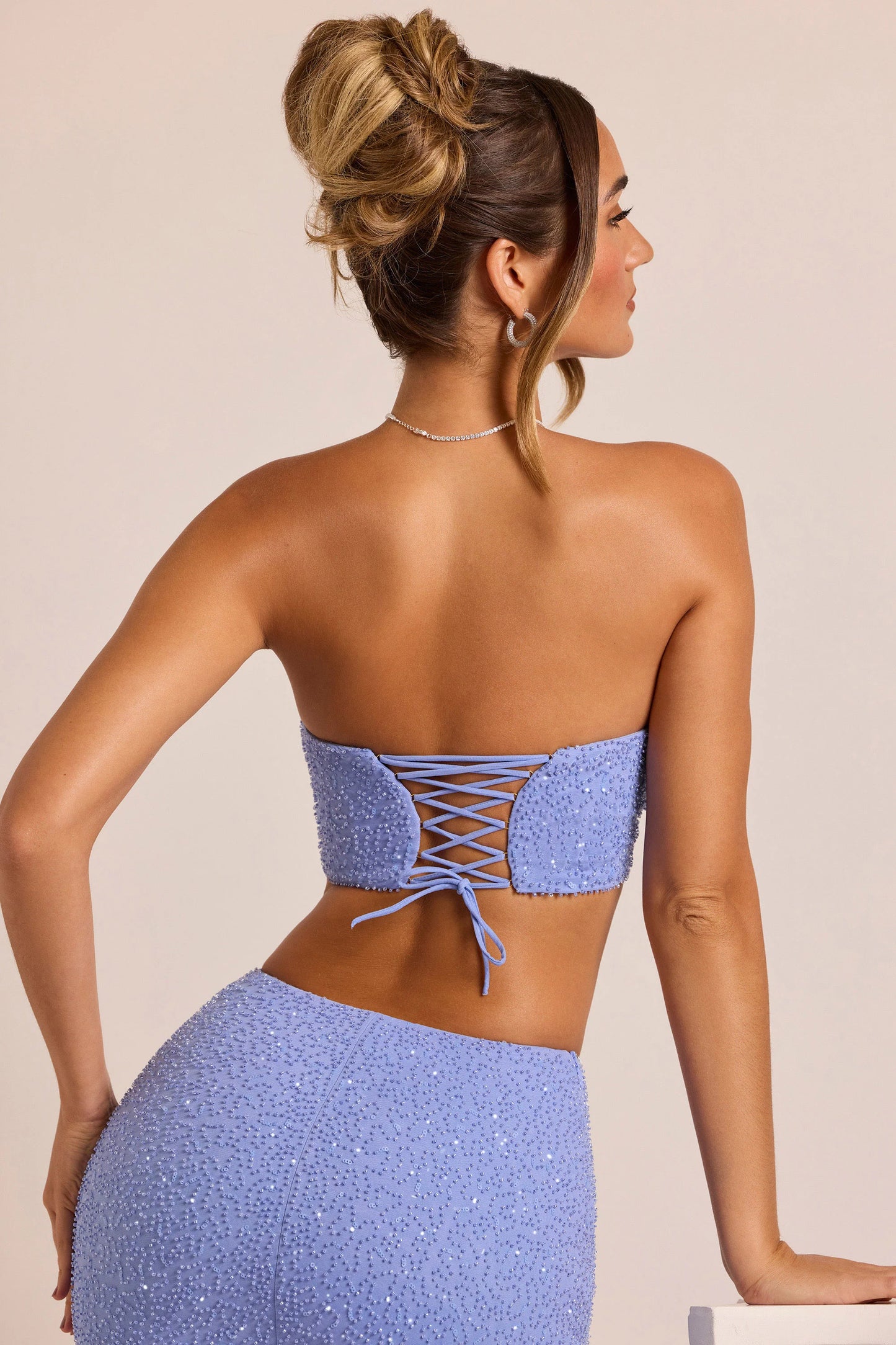 Embellished Strapless Corset Top in Powder Blue