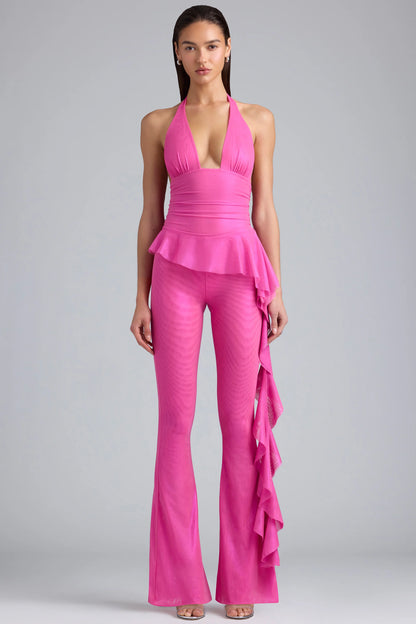 Metallic Ruffle Low-Rise Flared Trousers in Bubblegum Pink