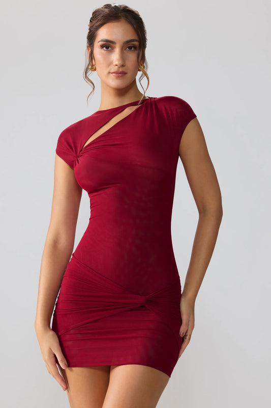 Mesh Cap Sleeve Cut Out Mini Dress in Ruby